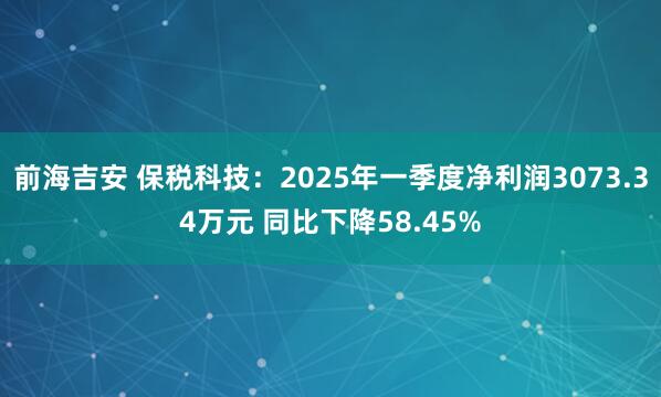 前海吉安 保税科技：2025年一季度净利润3073.34万元 同比下降58.45%